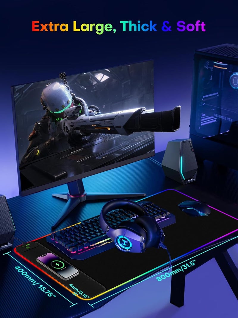 abc.mat 2-in-1 RGB Gaming Mouse Pad with Wireless Charging, 31.5"x15.8" Large, 24 Light Effects, Non-Slip Base, Waterproof Ultra-Smooth Surface, No Adapter - Image 2